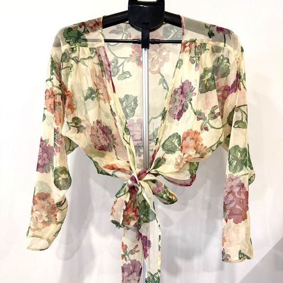 Vintage 1980s Betsey Johnson Sheer Floral Tie Front Blouse Shrug Size Small - Picture 7 of 9